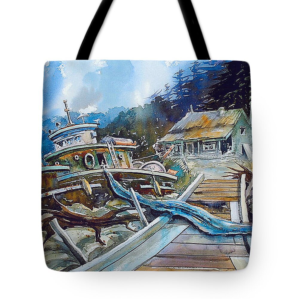 Boat Tote Bag featuring the painting The Last Bastion..on the Beach by Ron Morrison