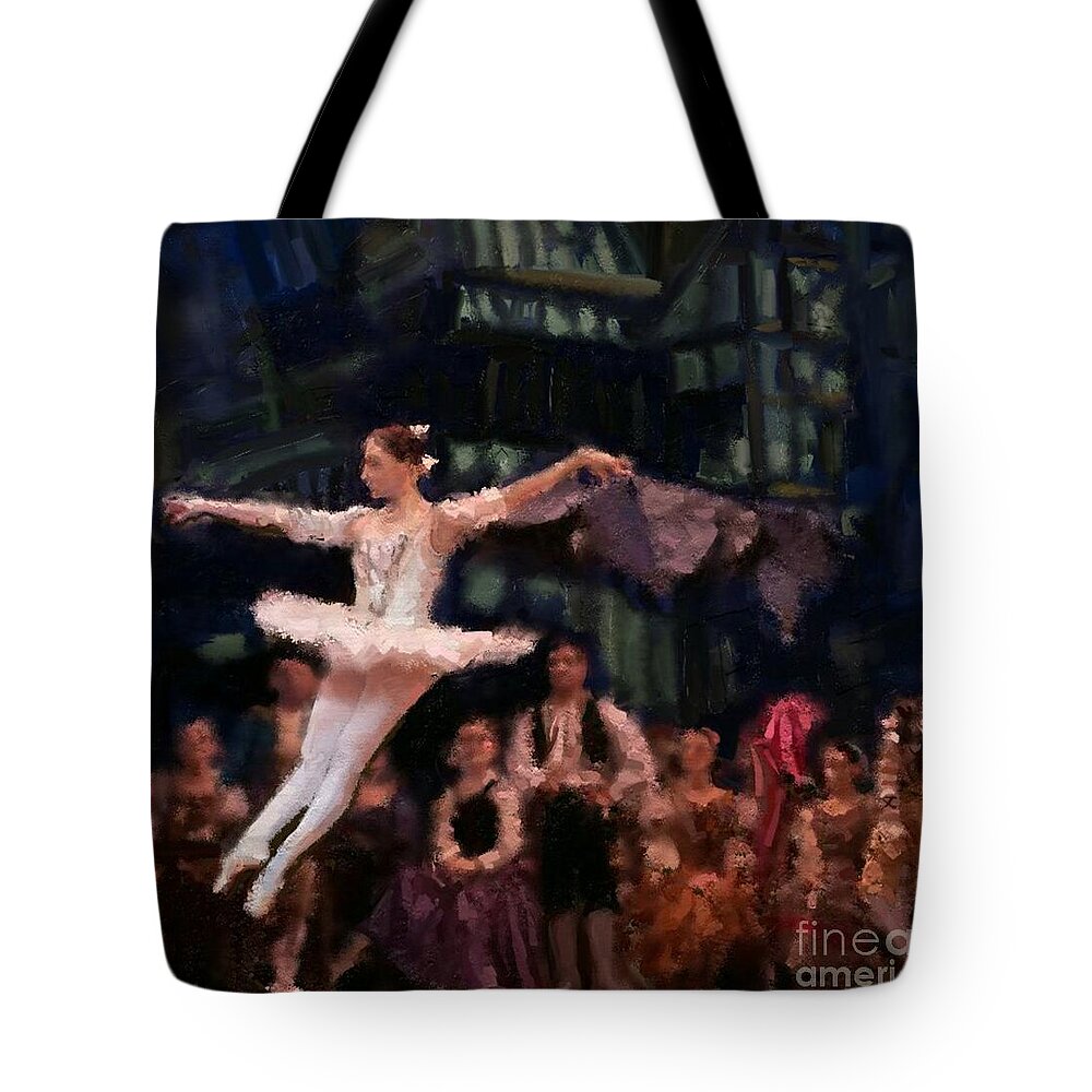 Stage Tote Bag featuring the painting The Leap by Carrie Joy Byrnes
