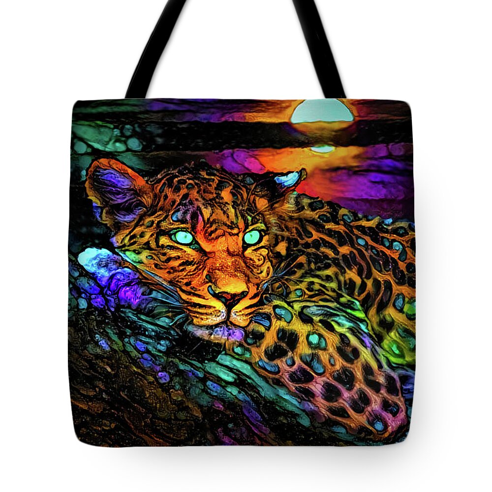 The Leopard On The Tree Tote Bag featuring the mixed media A Leopard on the tree by Lilia D