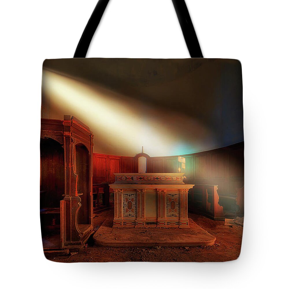 Atmosfera Religiosa Tote Bag featuring the photograph Ca' di Ferre' THE LIGHT IN THE ABANDONED CHURCH - La luce nella chiesa abbandonata by Enrico Pelos