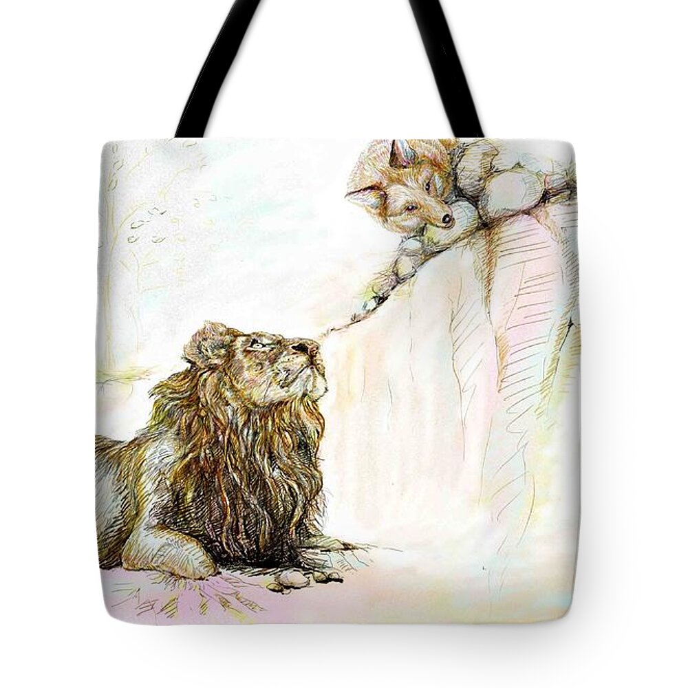Lion Tote Bag featuring the painting The Lion and The Fox 1 - The First Meeting by Sukalya Chearanantana