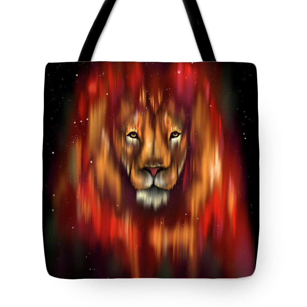 Lion Tote Bag featuring the digital art The Lion, The Bull And The Hunter by Norman Klein