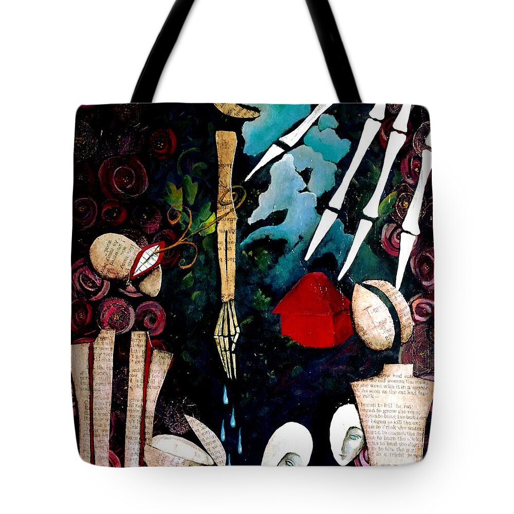 Landscape Tote Bag featuring the mixed media The Little Red House by Delight Worthyn