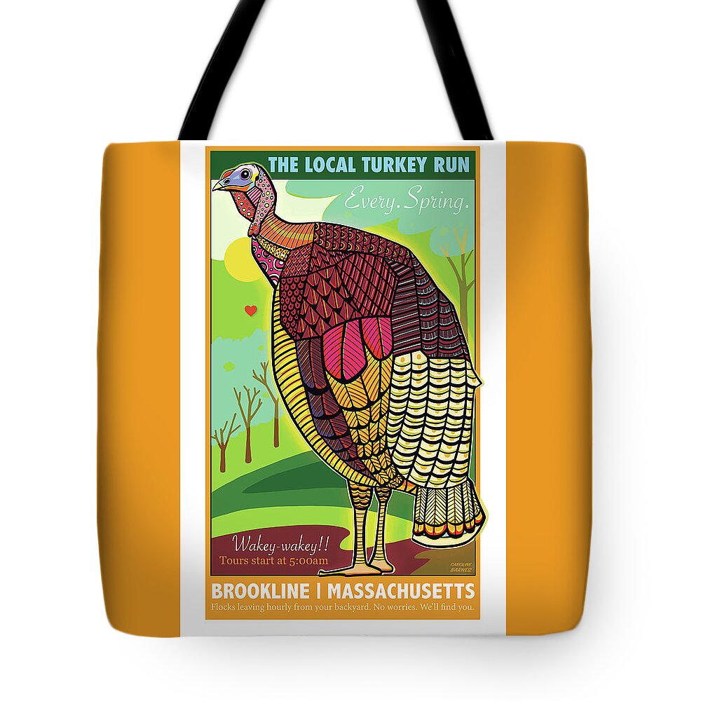 Brookline Turkeys Tote Bag featuring the digital art The Local Turkey Run by Caroline Barnes