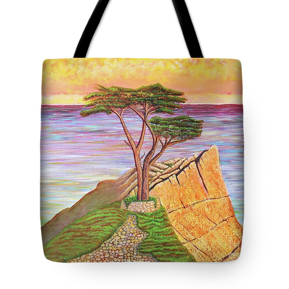 The Lone Cypress Tree Tote Bag featuring the painting The Lone Cypress by Joseph J Stevens