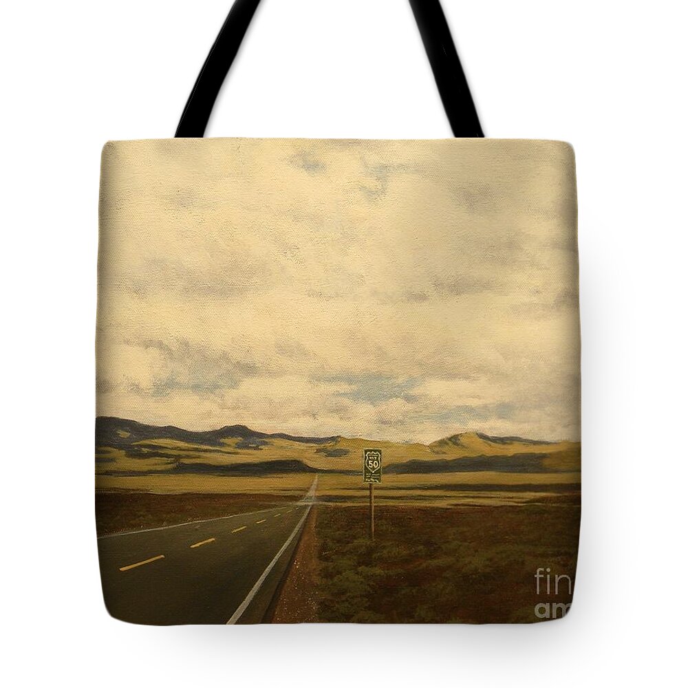 Nevada Tote Bag featuring the painting The Loneliest Road by Paul K Hill