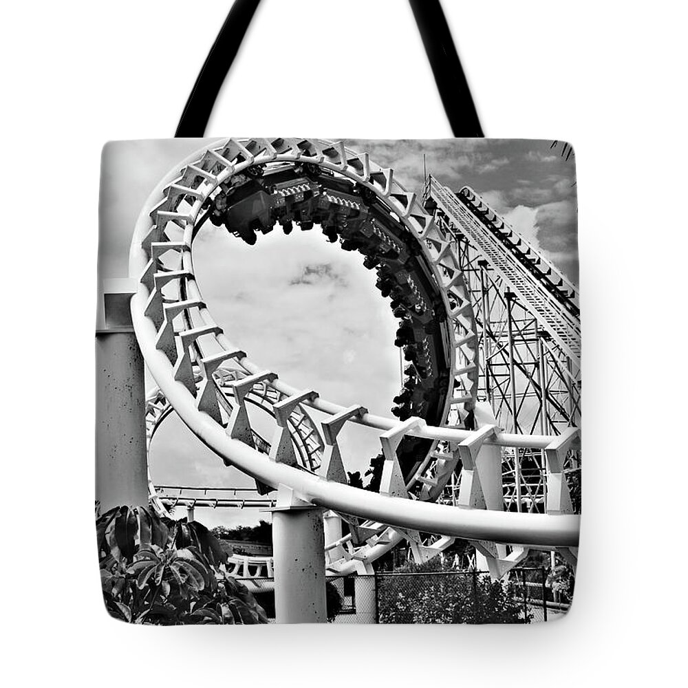 Roller Coaster Tote Bag featuring the photograph The Loop Black and White by Douglas Barnard