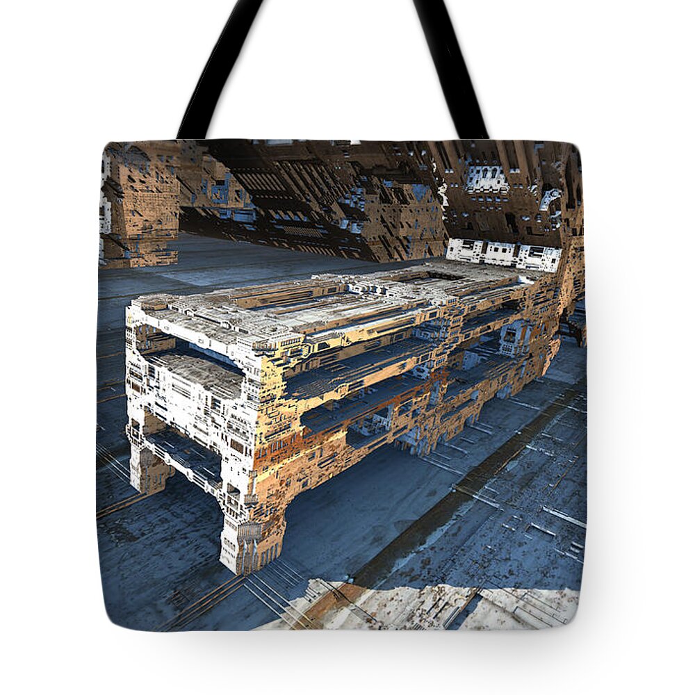 Sciencefiction Scifi Grunge Dystopian Architecture Building Fractal Fractalart Mandelbulb3d Mandelbulb Tote Bag featuring the digital art The Machine by Hal Tenny