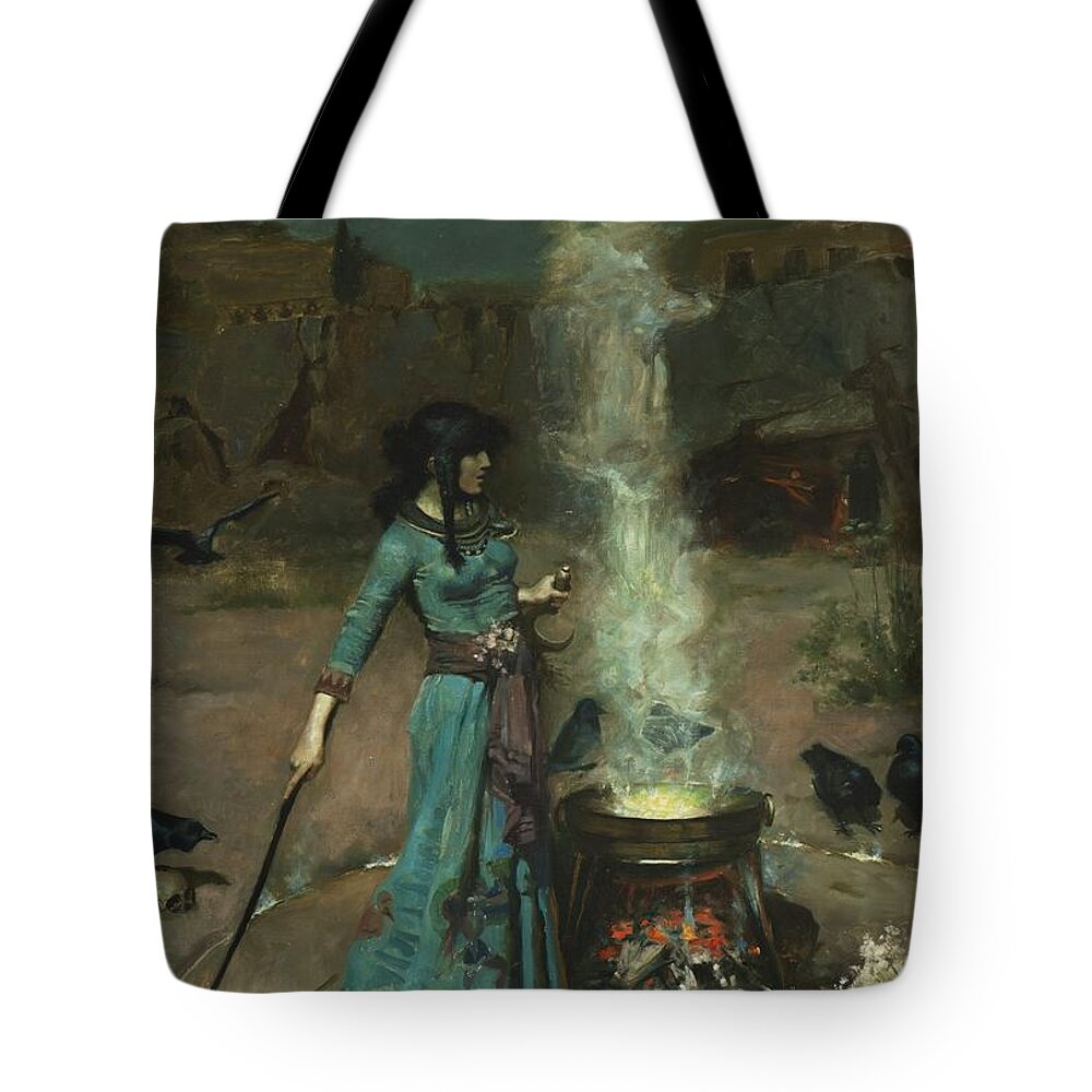 John William Waterhouse 1849-1917 The Magic Circle Tote Bag featuring the painting The Magic Circle by MotionAge Designs