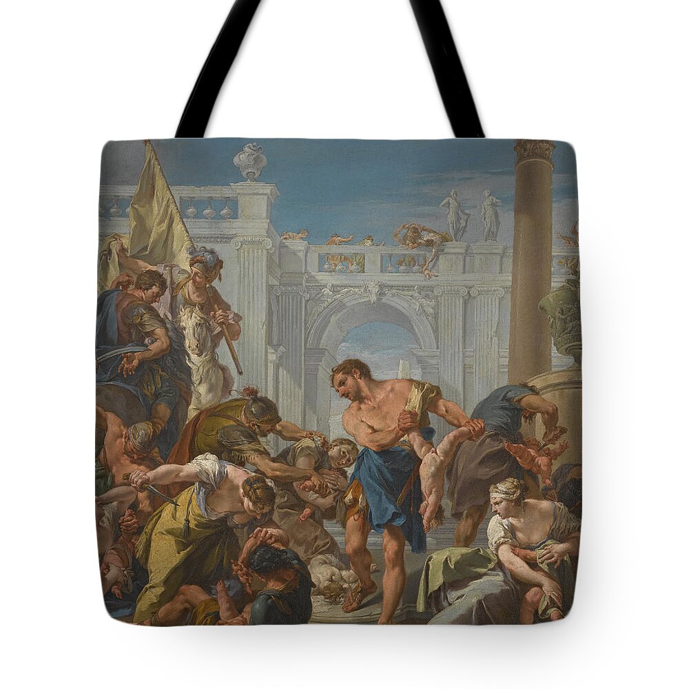 Giambattista Pittoni Tote Bag featuring the painting The Massacre of the Innocents by Giambattista Pittoni