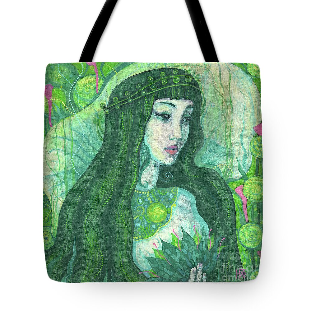 Undine Tote Bag featuring the painting Green Mermaid, Imaginary Portrait, Fantasy Art by Julia Khoroshikh
