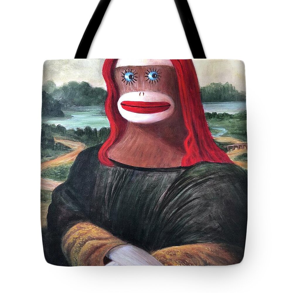 Mona Lisa Tote Bag featuring the painting The Monkey Lisa by Rand Burns