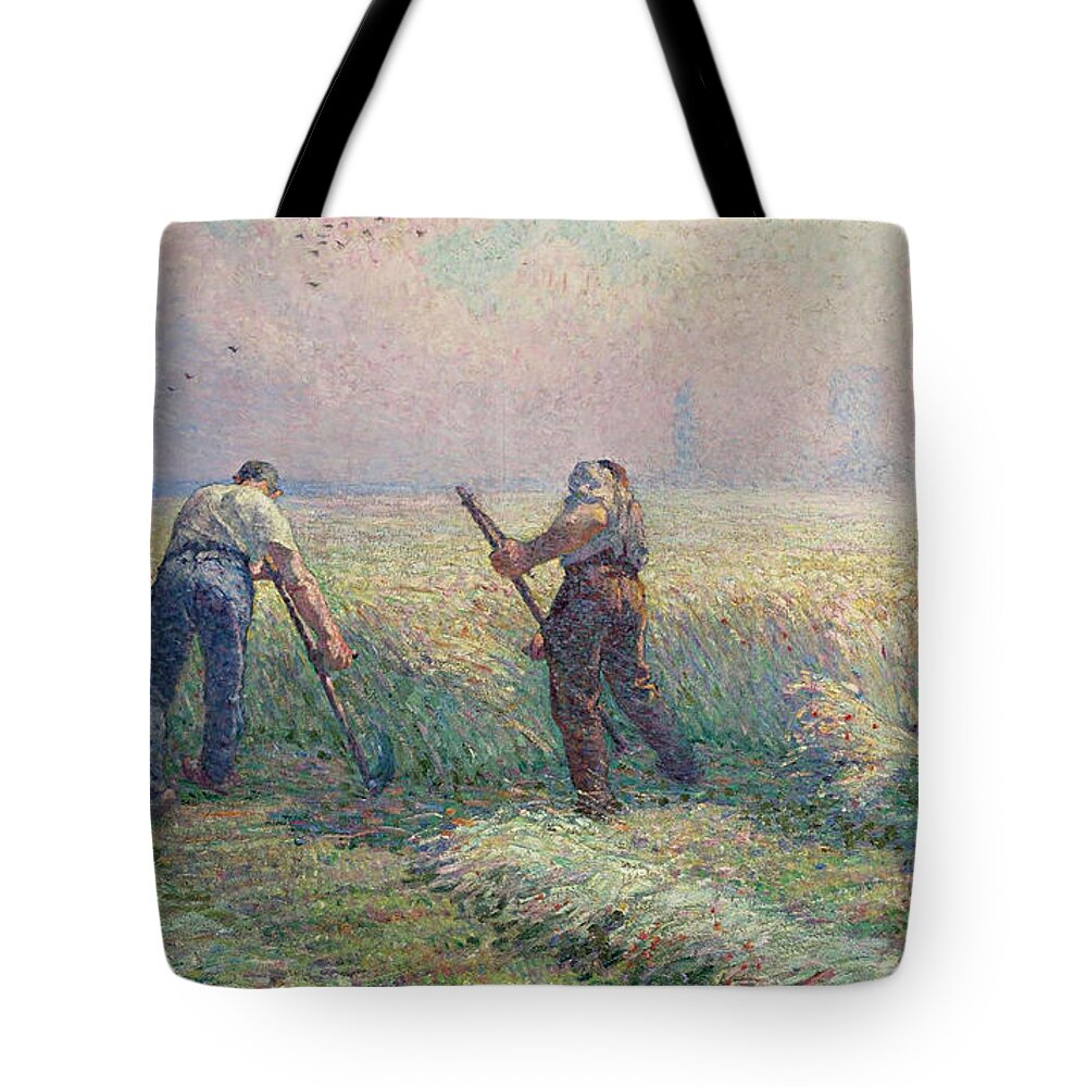 Henri Lebasque � The Mowers In The Outskirts Of Lagny Tote Bag featuring the painting The Mowers in the Outskirts of Lagny by MotionAge Designs