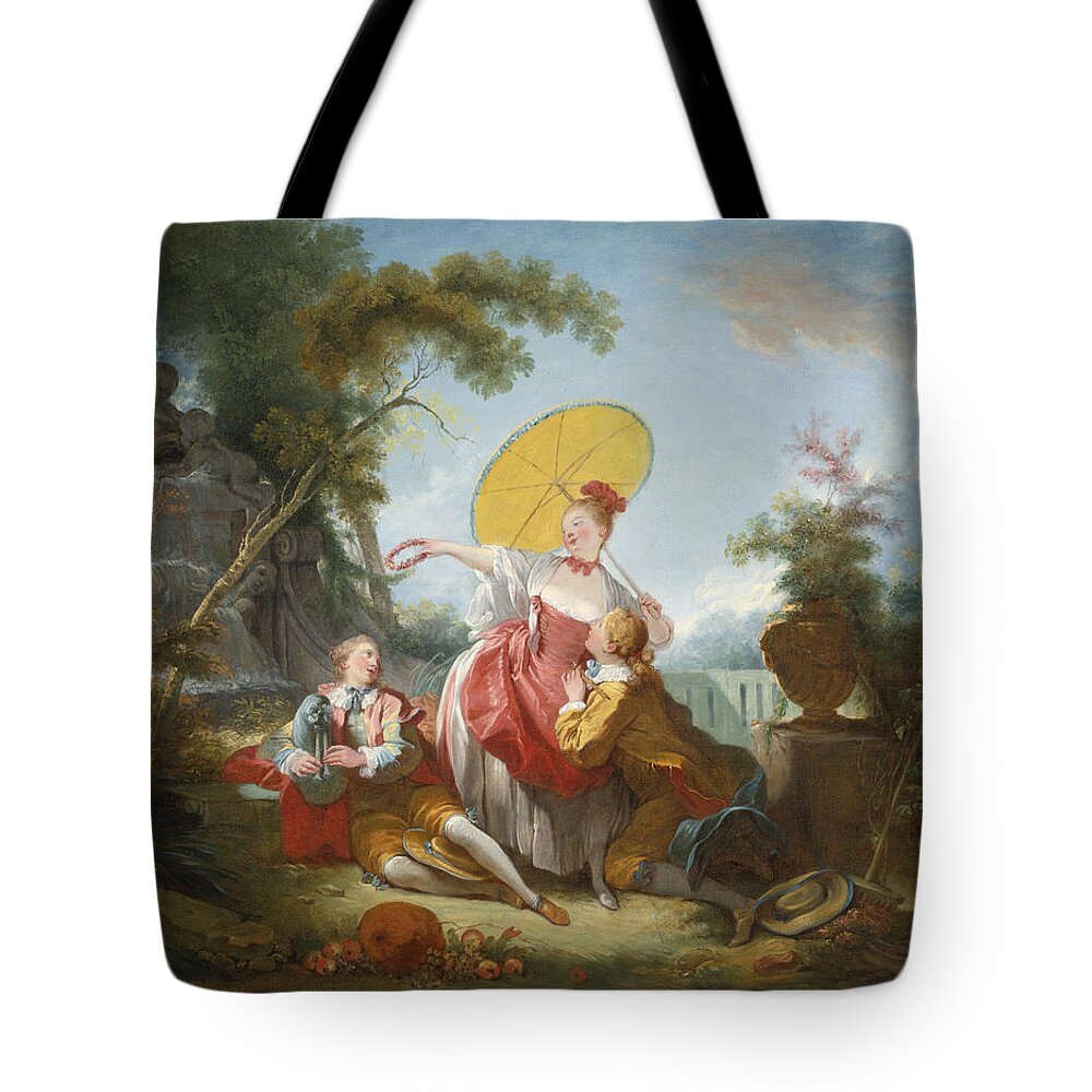 Circle Of Jean-honore Fragonard Tote Bag featuring the painting The Musical Contest by Circle of Jean-Honore Fragonard
