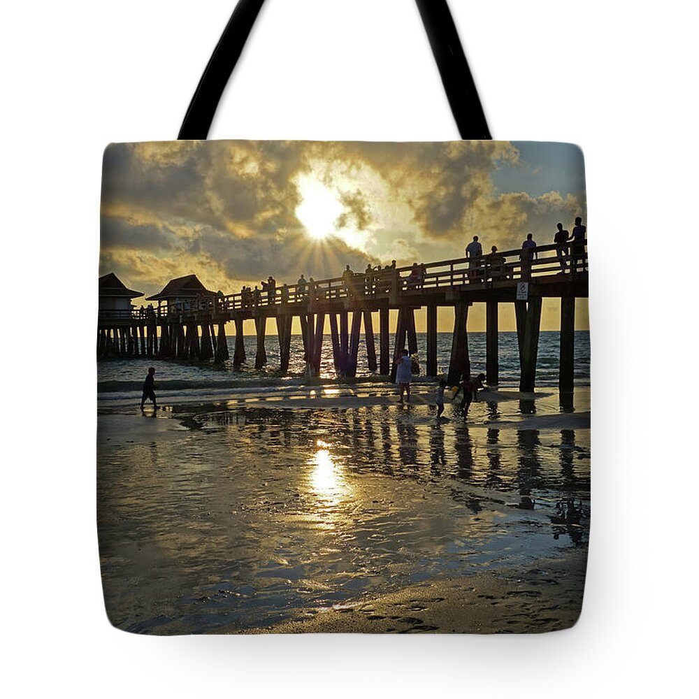 Naples Tote Bag featuring the photograph Naples pier at sunset Naples Florida Ripples #1 by Toby McGuire