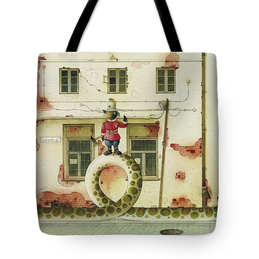 Snake Raven Rabbit Illustration Children Book Fairy Tale Street House Windows Tote Bag featuring the drawing The Neighbor around the corner03 by Kestutis Kasparavicius