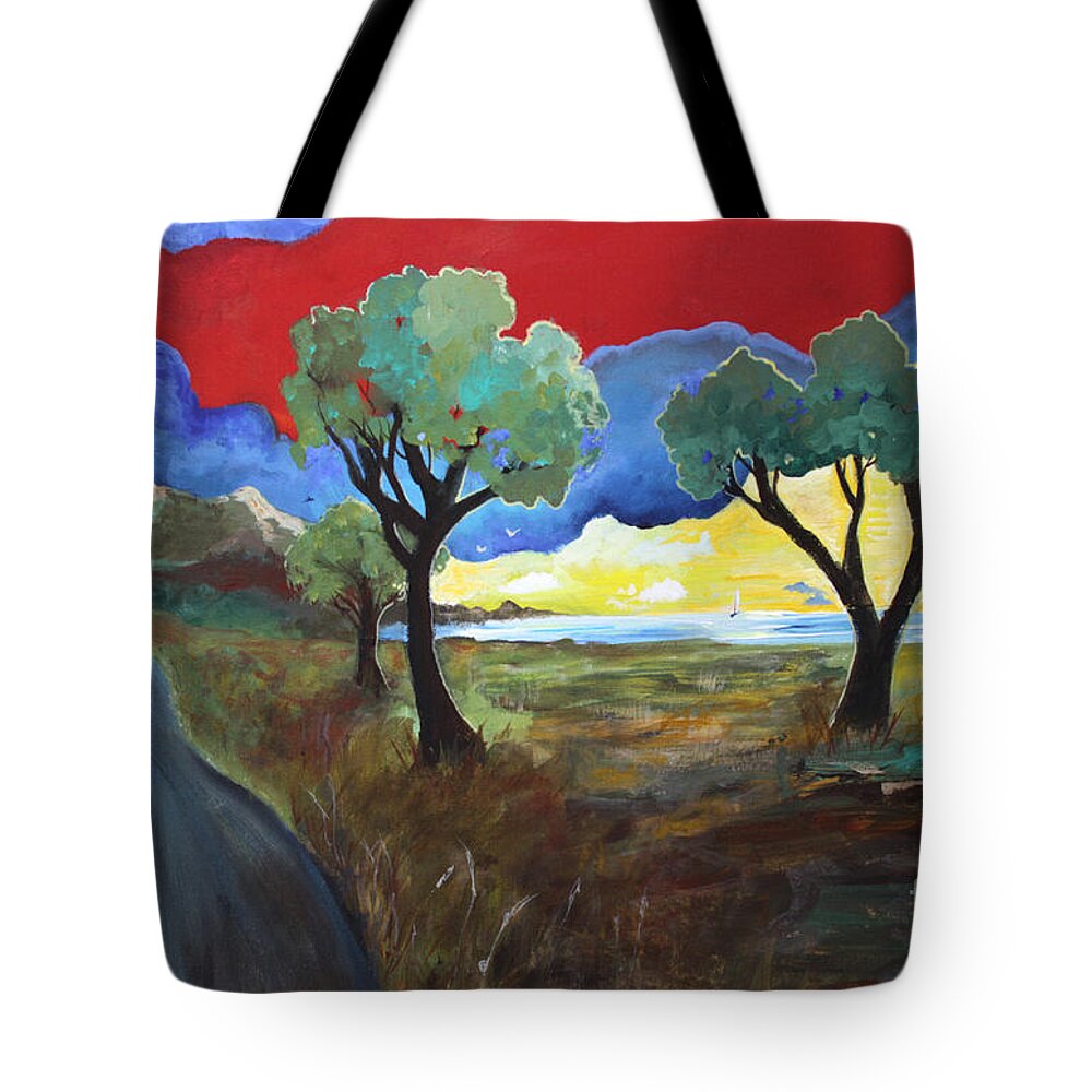 The New Road Tote Bag featuring the painting The New Road by Robin Pedrero