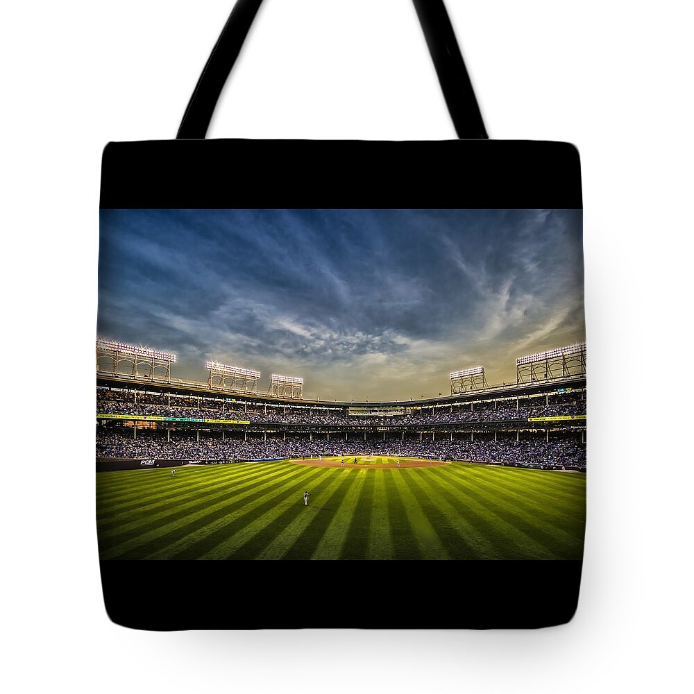 Chicago Cubs Tote Bag featuring the photograph The New Wrigley Field With Pretty Sunset Sky by Sven Brogren