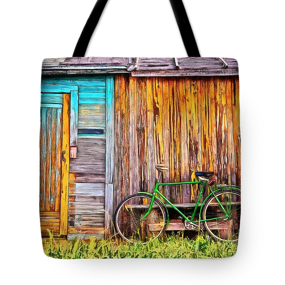 Bike Tote Bag featuring the painting The Old Green Bicycle by Edward Fielding