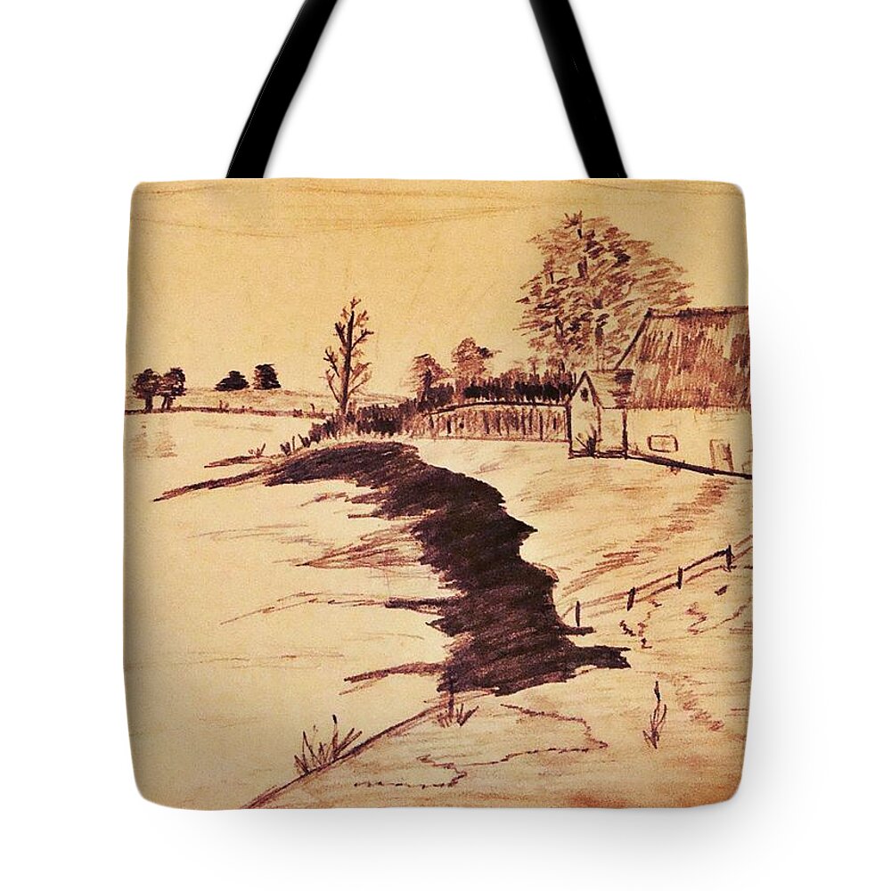 Drawing Tote Bag featuring the drawing The Old Homestaed by Stacie Siemsen
