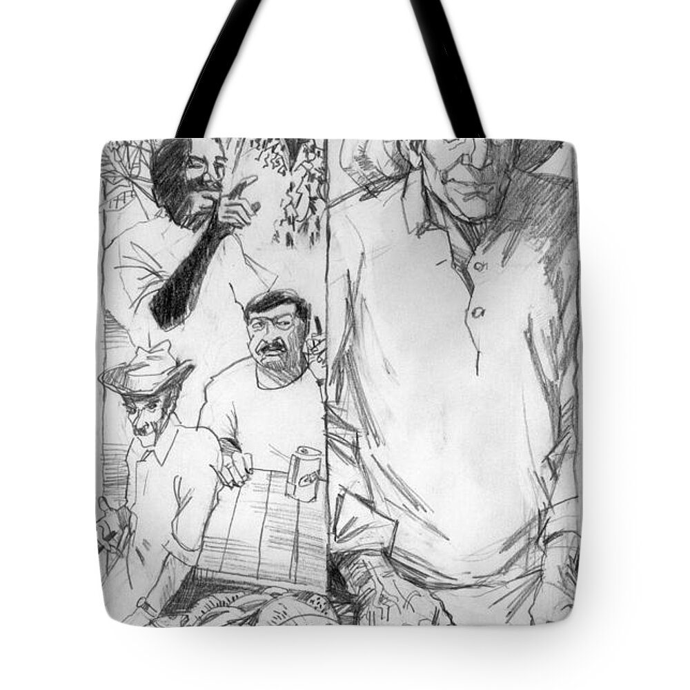 Ernest Hemingway Tote Bag featuring the drawing The Old Man and the Sea. Book Illustration by Igor Sakurov