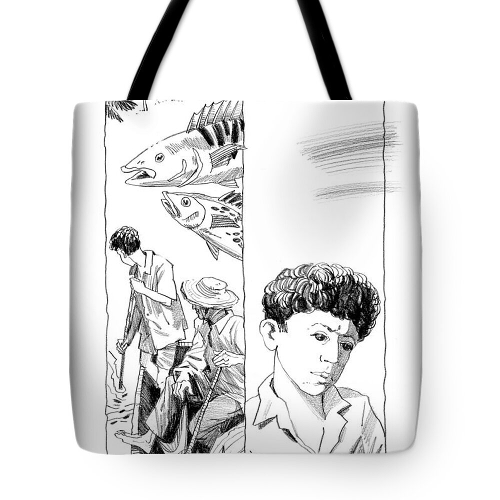 Ernest Hemingway Tote Bag featuring the drawing The Old Man and the Sea. Illustration by Igor Sakurov