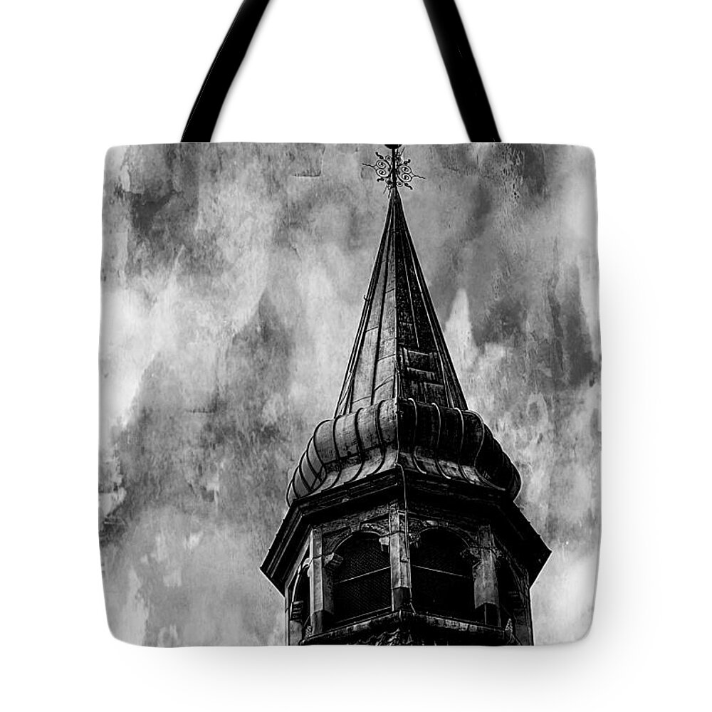 Black And White Photograph Tote Bag featuring the photograph The Olde Tower by Karen McKenzie McAdoo