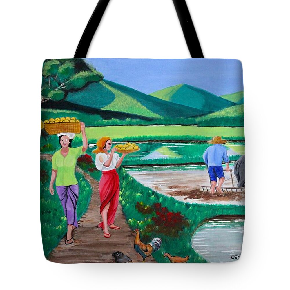 All Products Tote Bag featuring the painting Other Side Of One Beautiful Morning In The Farm by Lorna Maza