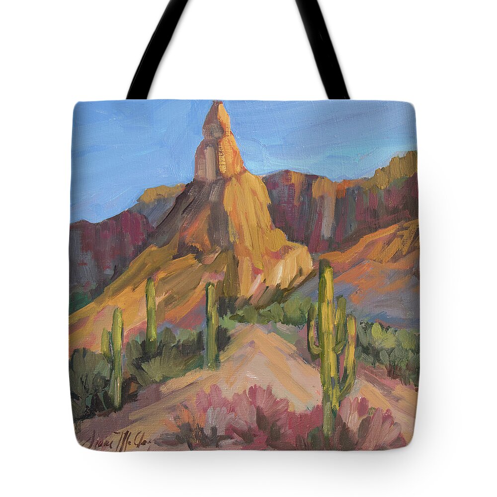 Arizona Tote Bag featuring the painting The Pinnacle at Goldfield Mountains by Diane McClary