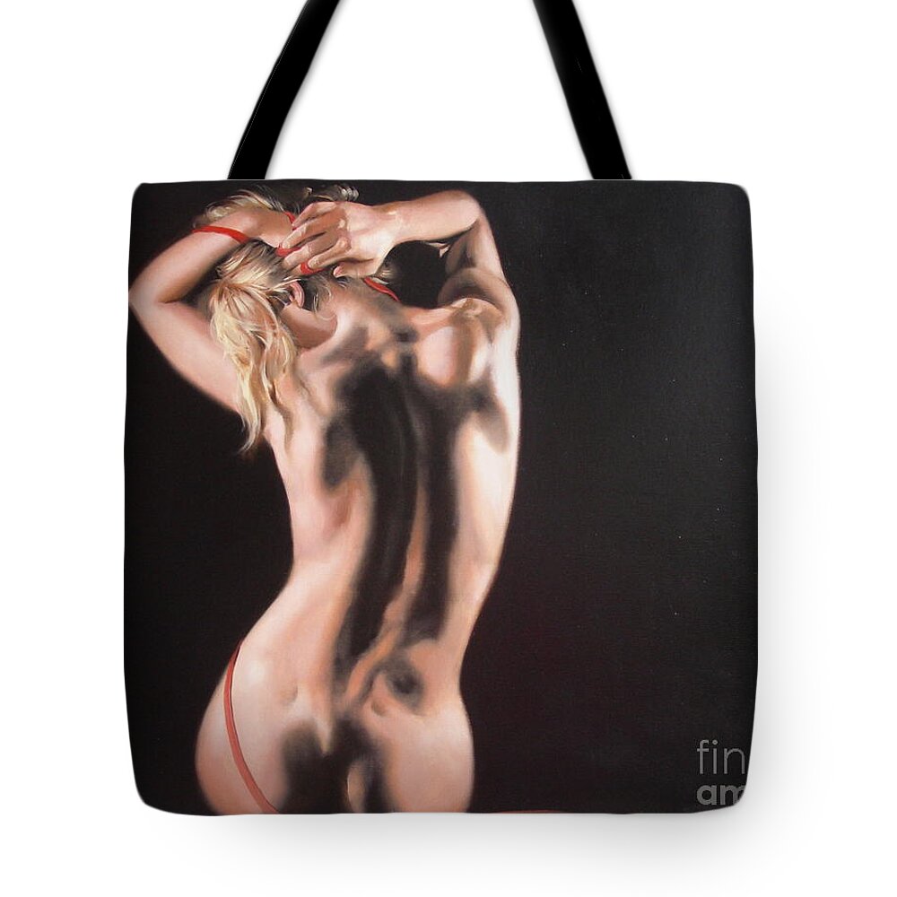Art Tote Bag featuring the painting The play with red ribbon by Sergey Ignatenko