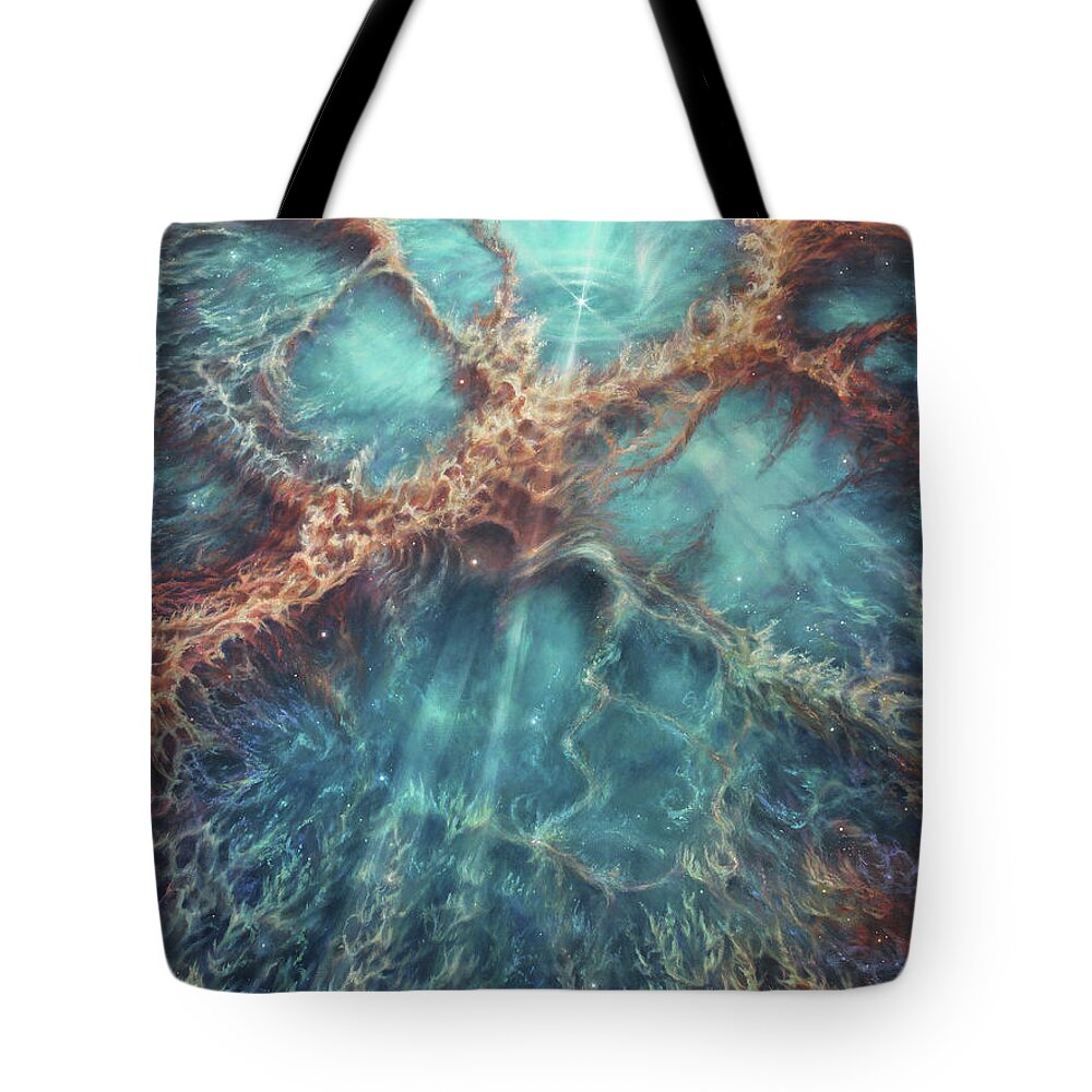 Nebula Tote Bag featuring the painting The Racing Heart of the Crab Nebula by Lucy West