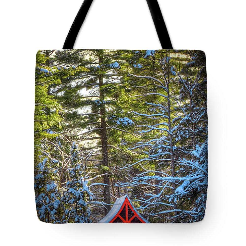 The Red Boathouse In Old Forge 2 Tote Bag featuring the photograph The Red Boathouse in Old Forge 2 by David Patterson