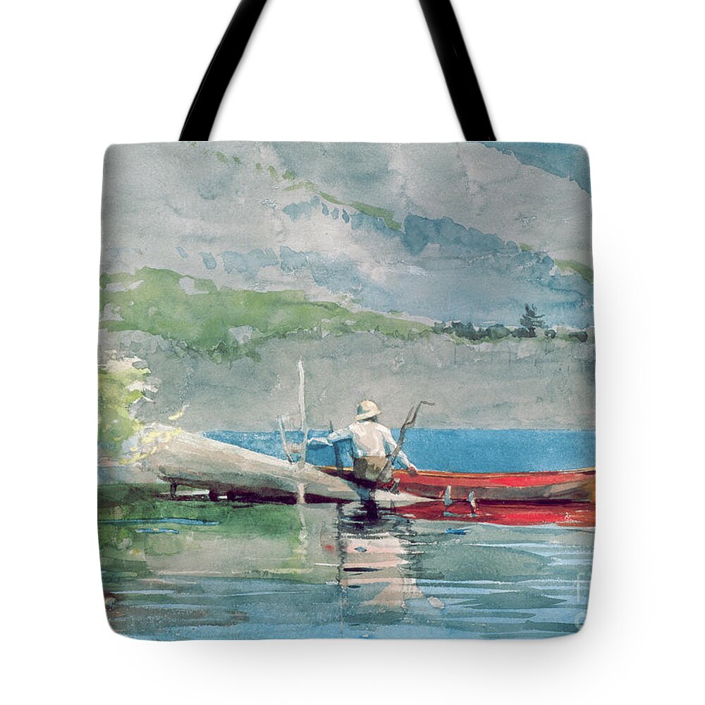 The Red Canoe Tote Bag featuring the painting The Red Canoe by Winslow Homer
