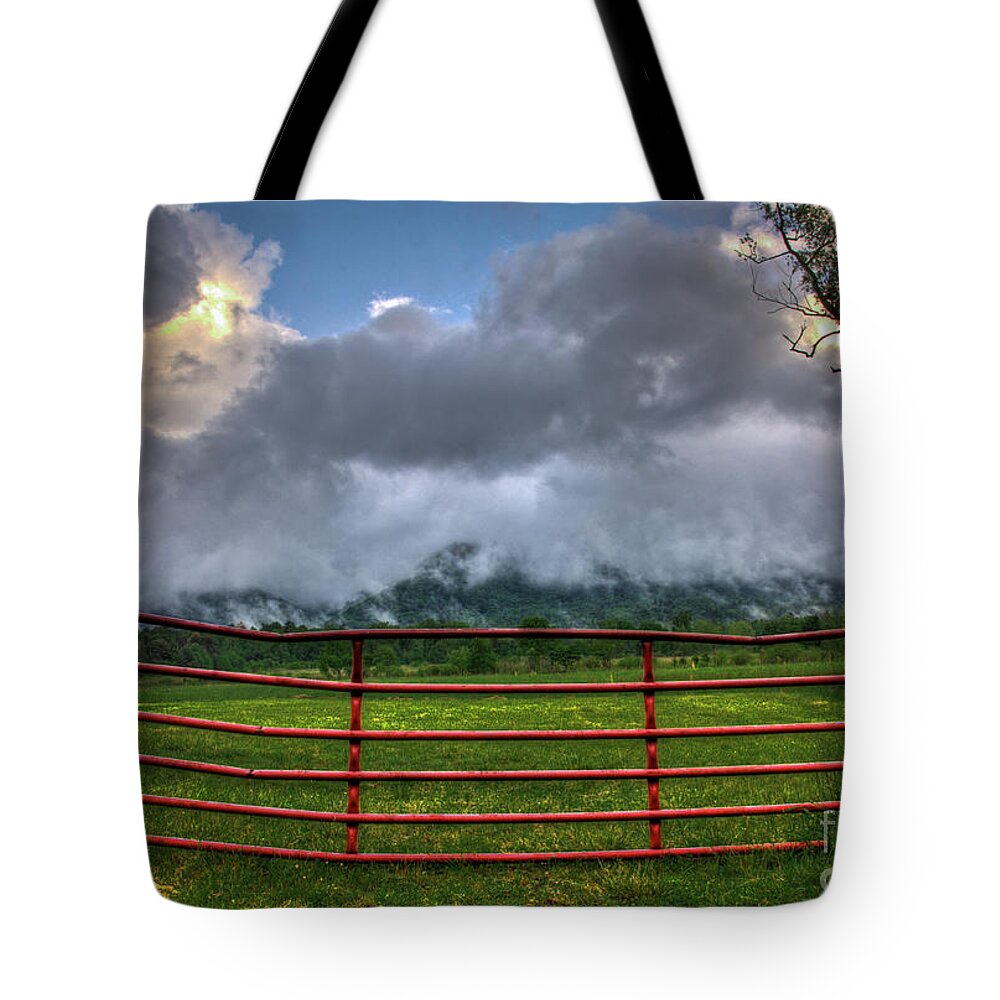 Red Tote Bag featuring the photograph The Red Gate by Douglas Stucky