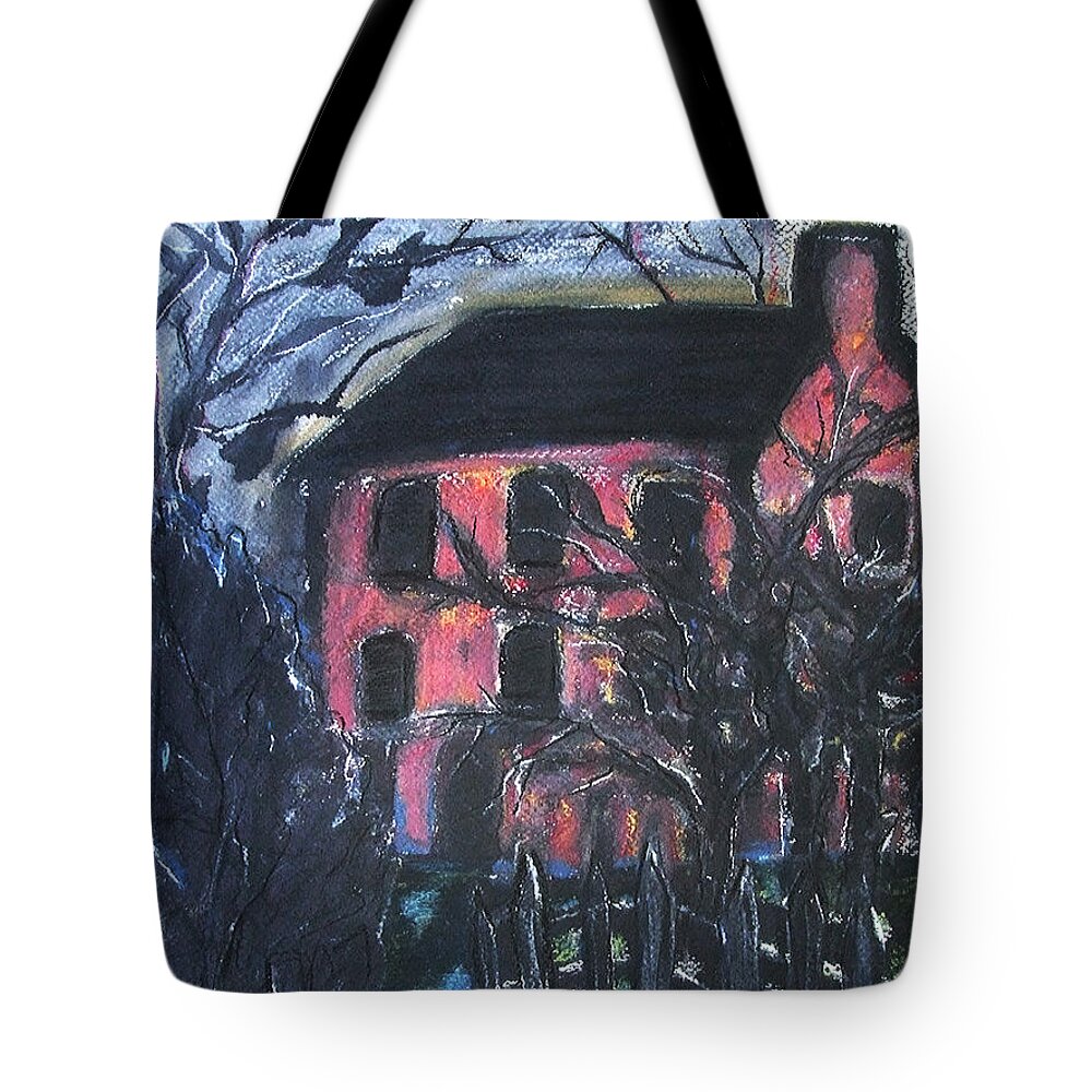 Original Art Pastel Chalk Drawing Red House Tree Fence Tote Bag featuring the pastel The Red House by Katt Yanda
