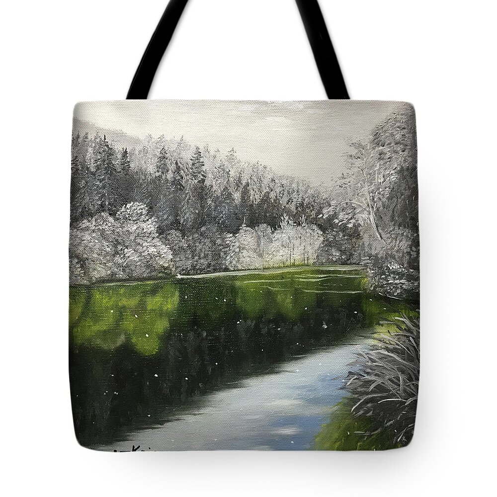 Grayscale Tote Bag featuring the painting Grayscale The River by Stephen Krieger