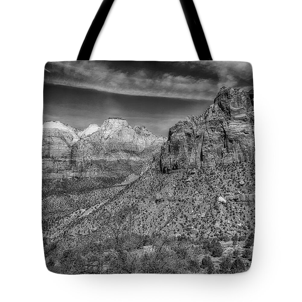 National Park Tote Bag featuring the photograph The Road to the Tunnel BW by Mitch Johanson