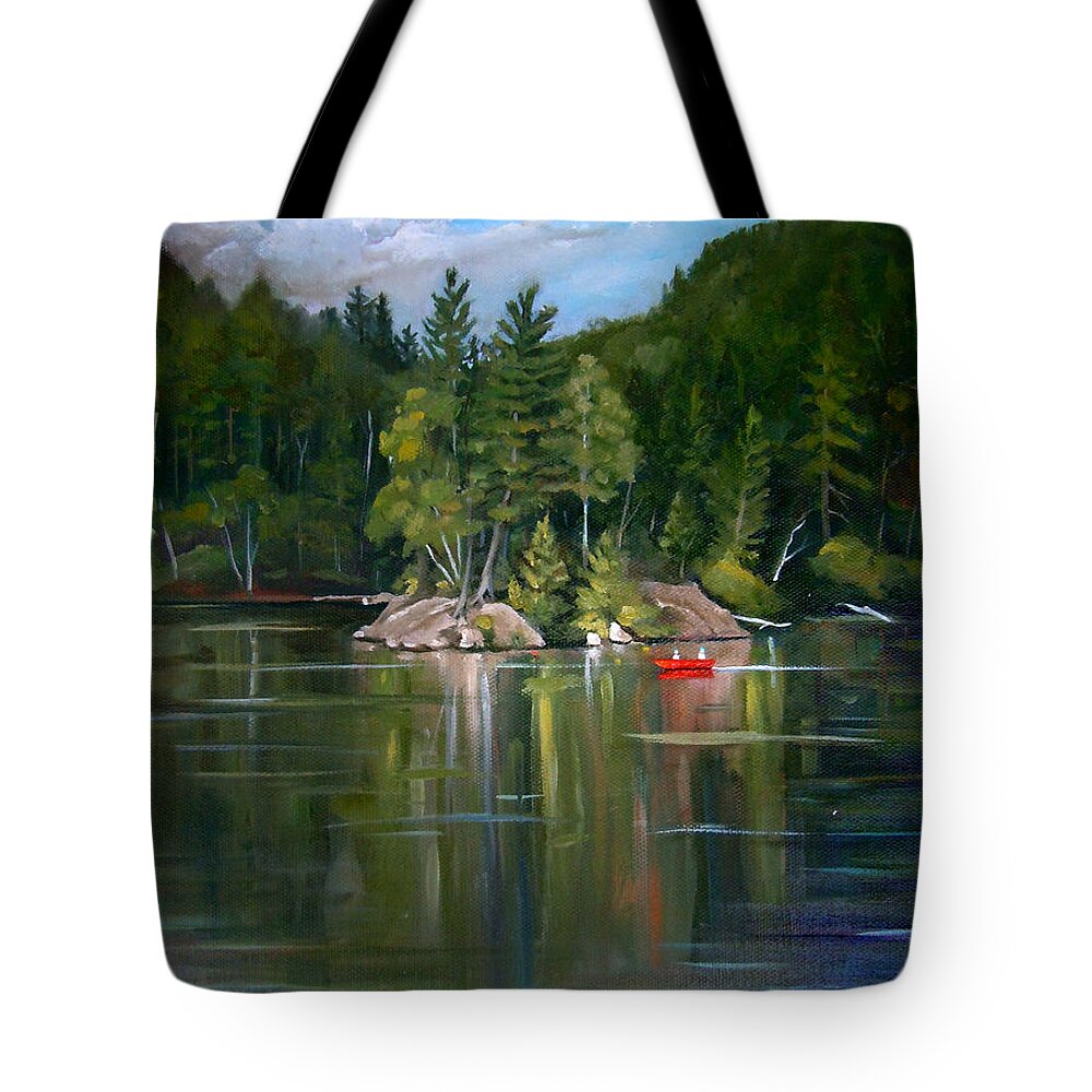 White Mountain Art Tote Bag featuring the painting The Rock On Mirror in Woodstock New Hampshire by Nancy Griswold