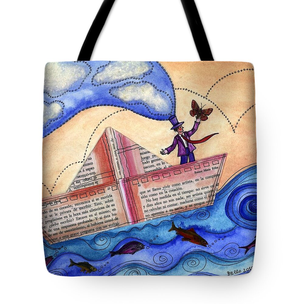 Paperboat Tote Bag featuring the mixed media The sailor dreamer by Graciela Bello