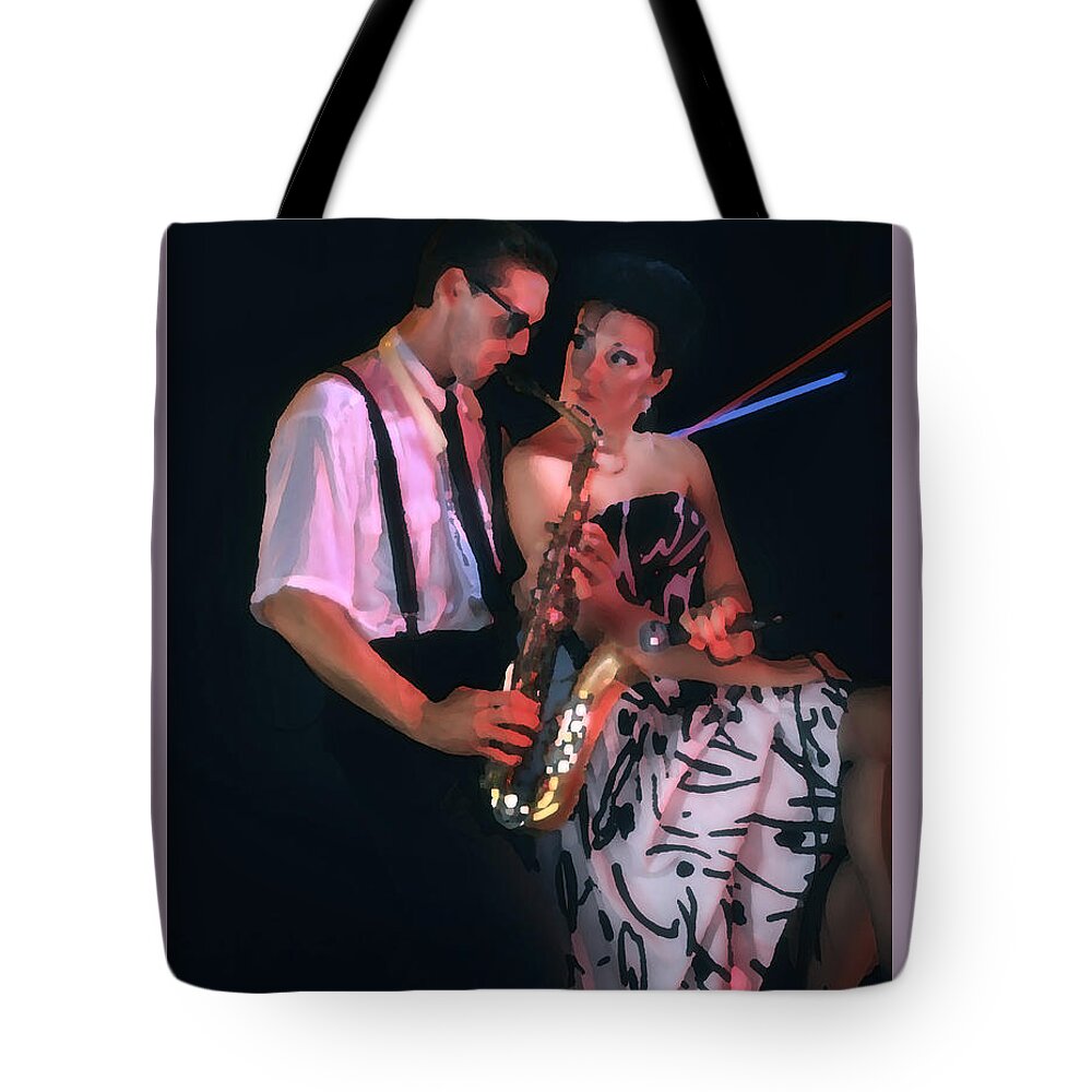 Sax Tote Bag featuring the photograph The Sax Man and the Girl by Greg Kopriva