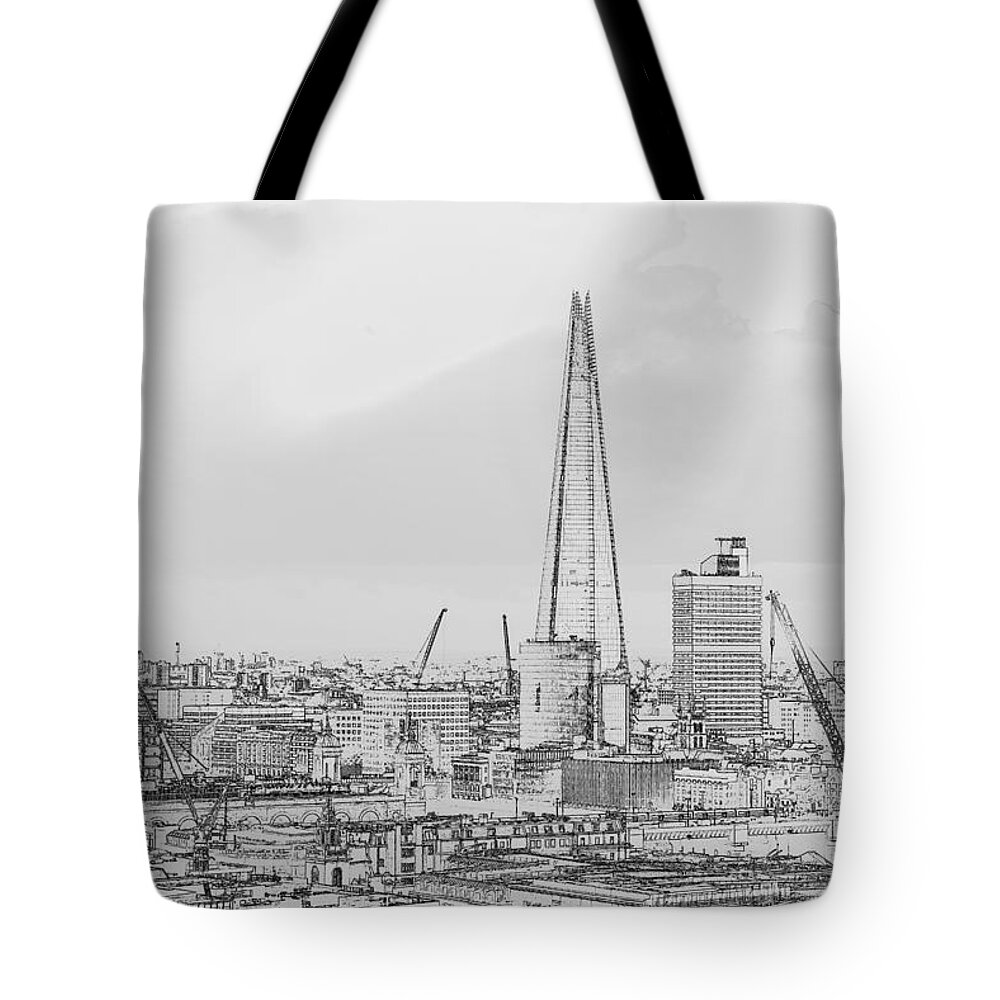 Great Britain Tote Bag featuring the photograph The Shard outline poster BW by Gary Eason