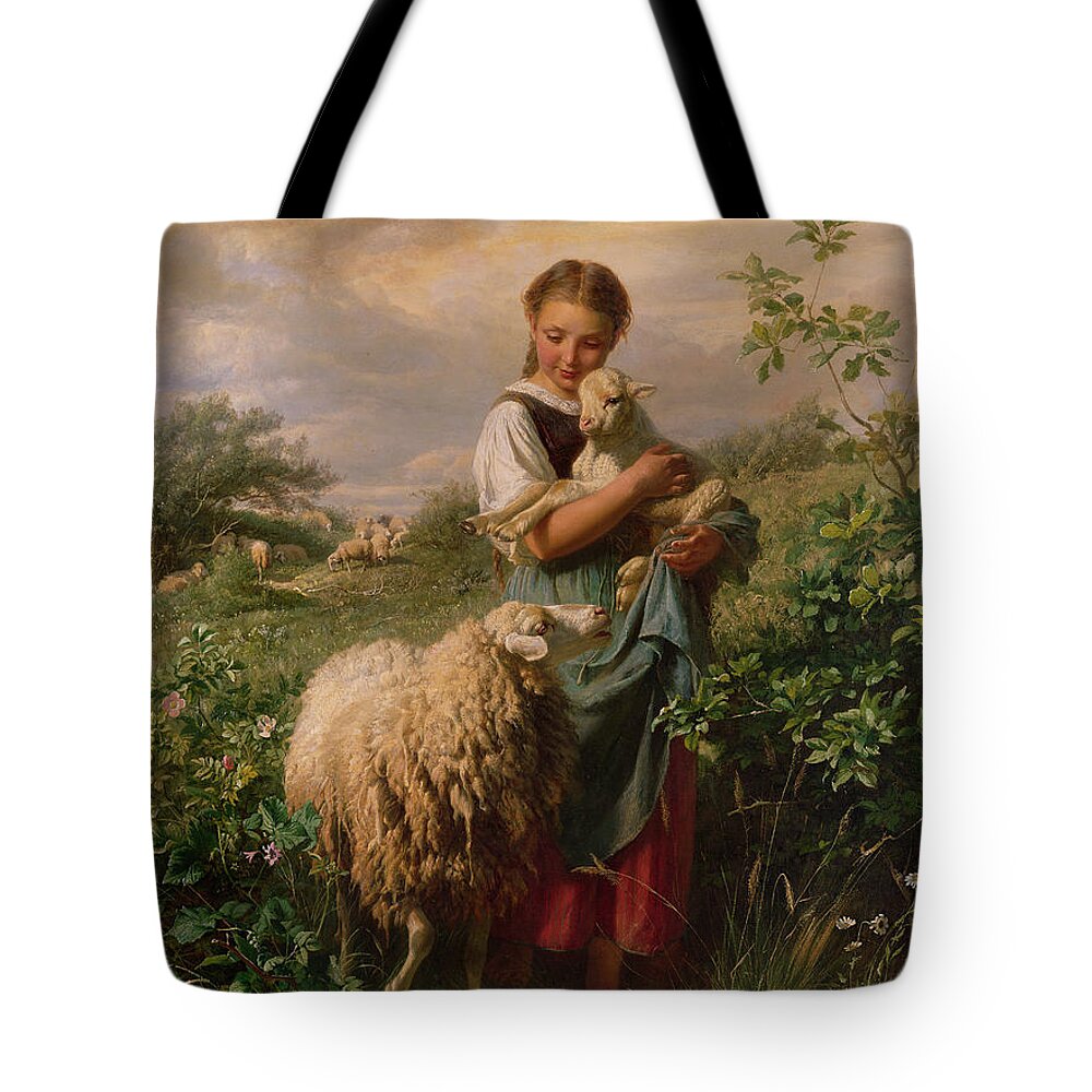 Shepherdess Tote Bag featuring the painting The Shepherdess by Johann Baptist Hofner