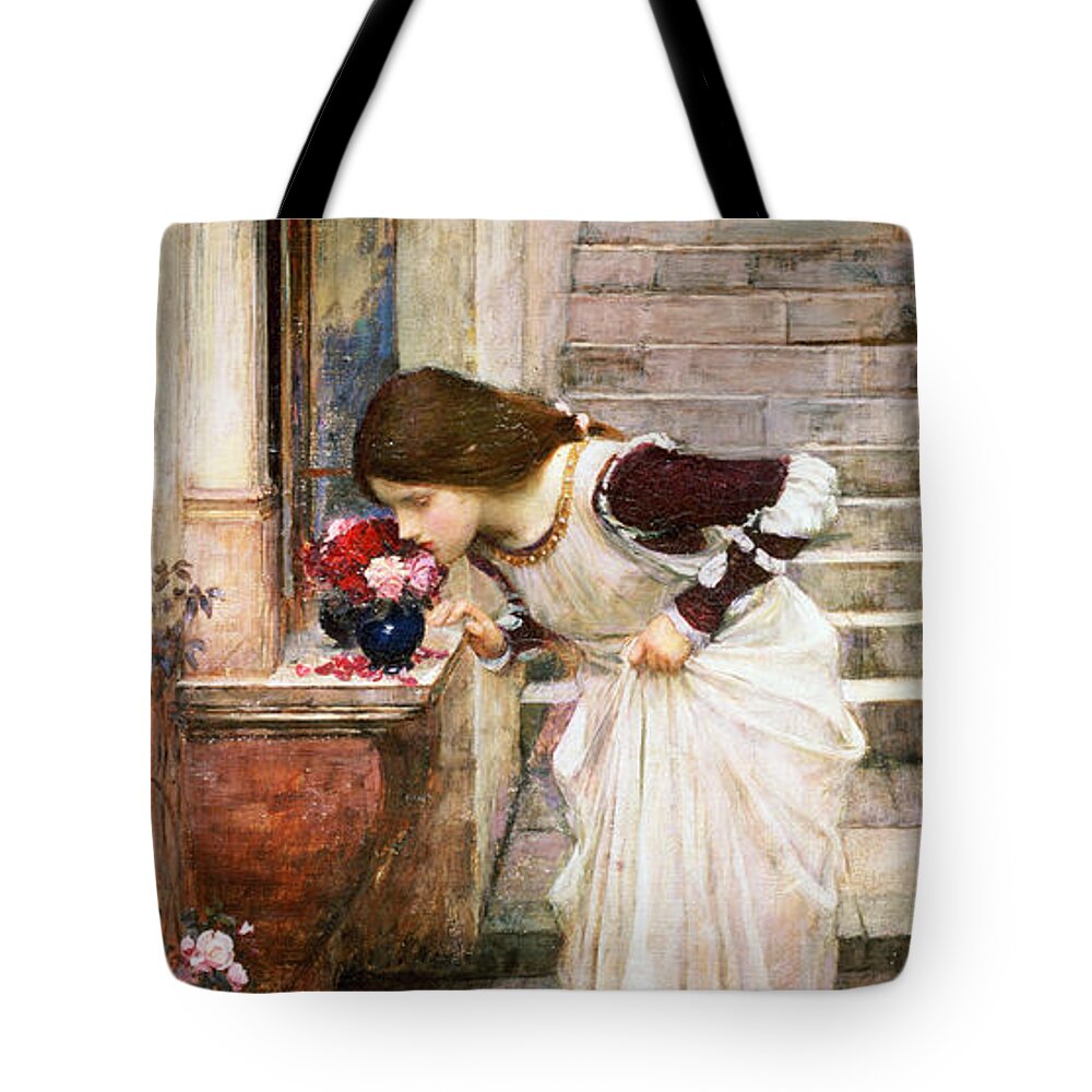 Pre-raphaelite Tote Bag featuring the painting The Shrine by John William Waterhouse