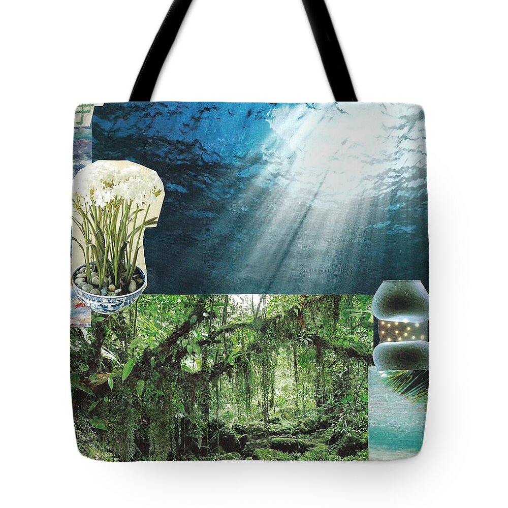 Collage Art Tote Bag featuring the mixed media The Sight of Inspiration by Susan Schanerman