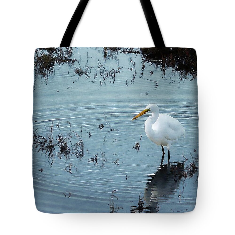 Egret Tote Bag featuring the photograph The Small Fish by Timothy Bulone