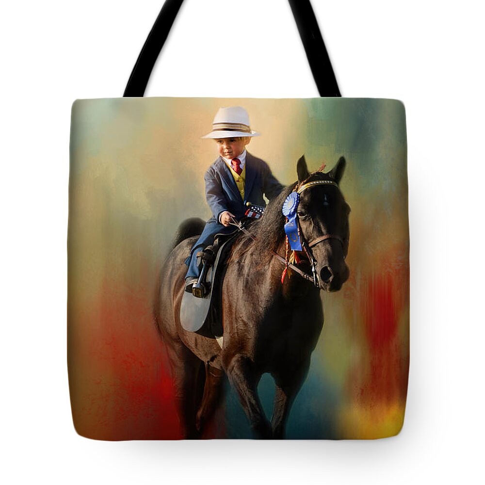 Jai Johnson Tote Bag featuring the photograph The Smallest Rider by Jai Johnson