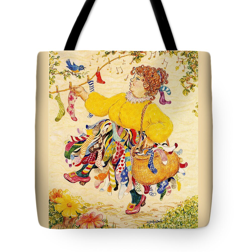 Lady Socks Bluebird Whistling Tote Bag featuring the drawing The Sock Lady by Dee Davis