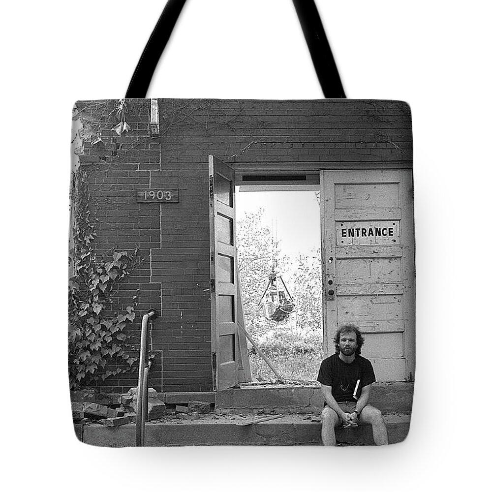 Northwestern University Tote Bag featuring the photograph The Speech Annex and Peter Steven, 1980 by Jeremy Butler
