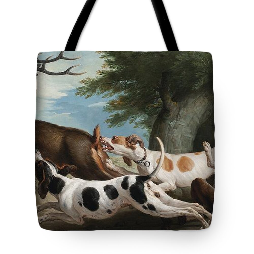 Francois Desportes ; The Stag Hunt Tote Bag featuring the painting The Stag Hunt by MotionAge Designs