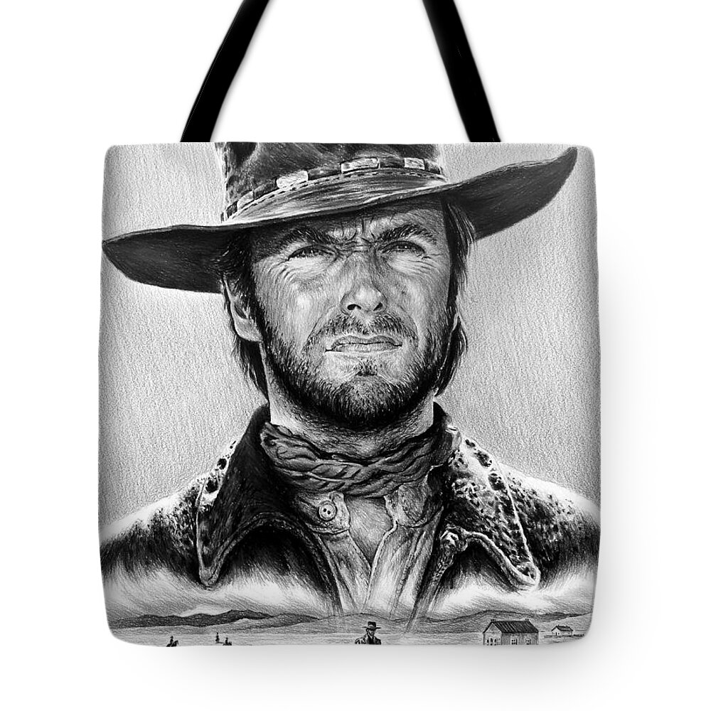 Clint Eastwood Tote Bag featuring the drawing The Stranger bw 1 version by Andrew Read